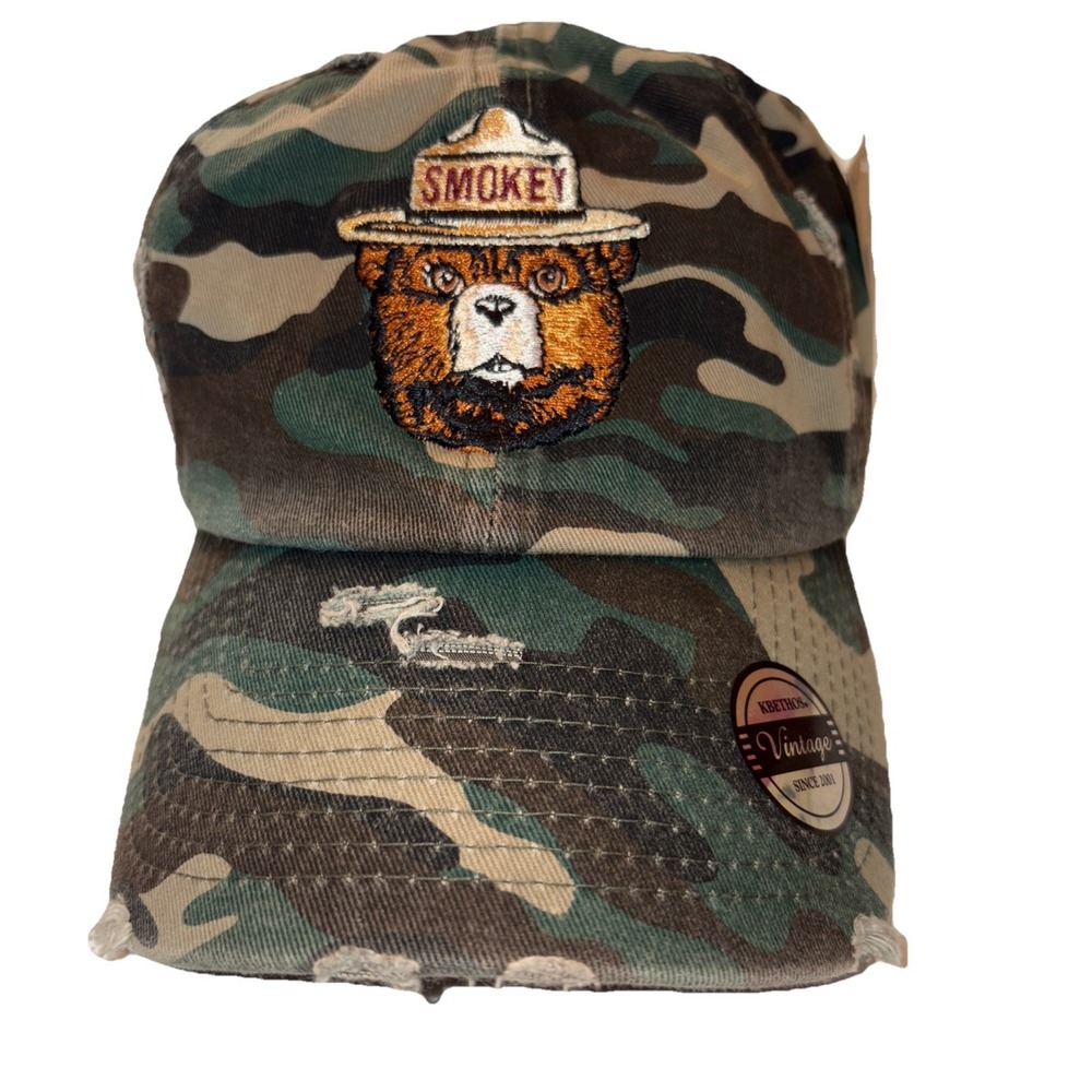 Vintage 90's Smoky The Bear Distressed Green Camo‎ Embroidered Strapback NWT